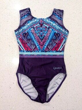 UK BRAND Quatro Quattro gymnastics dance Leotard CL Large Purple BANDANA Print
